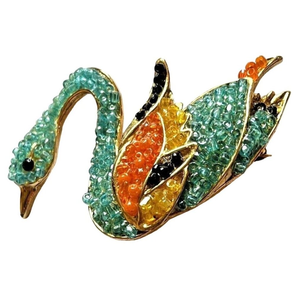 MCM Swan Multicolored Beaded Brooch Lapel Pin Vintage